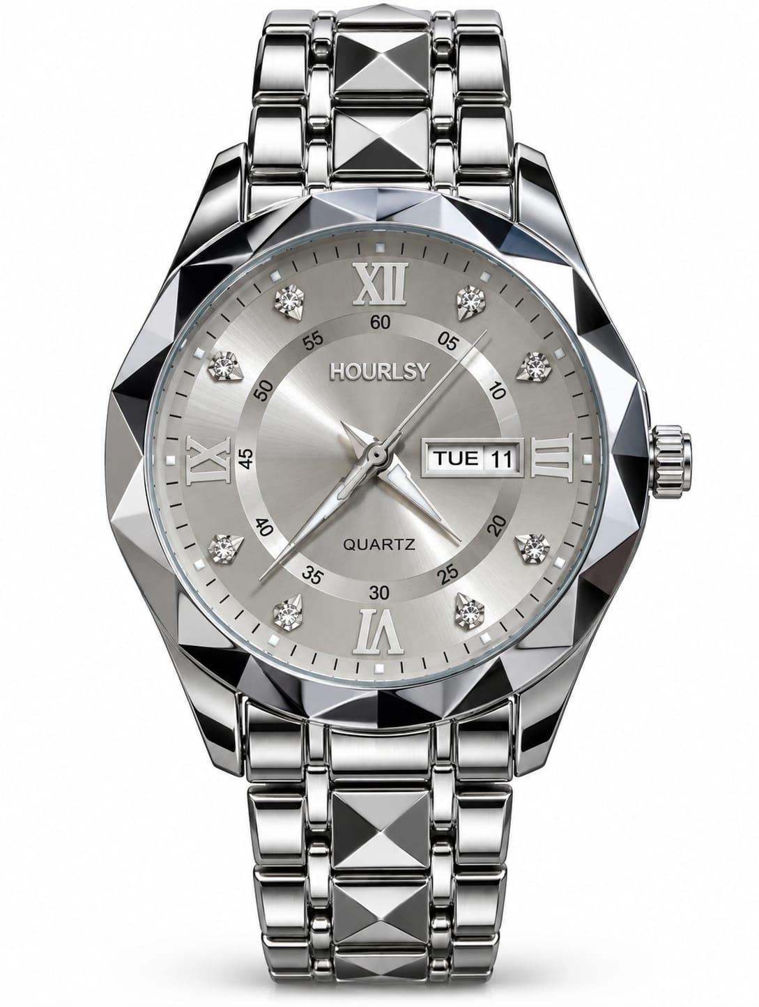 Hoursly Silver Diamond Dial Day-Date Quartz Watch