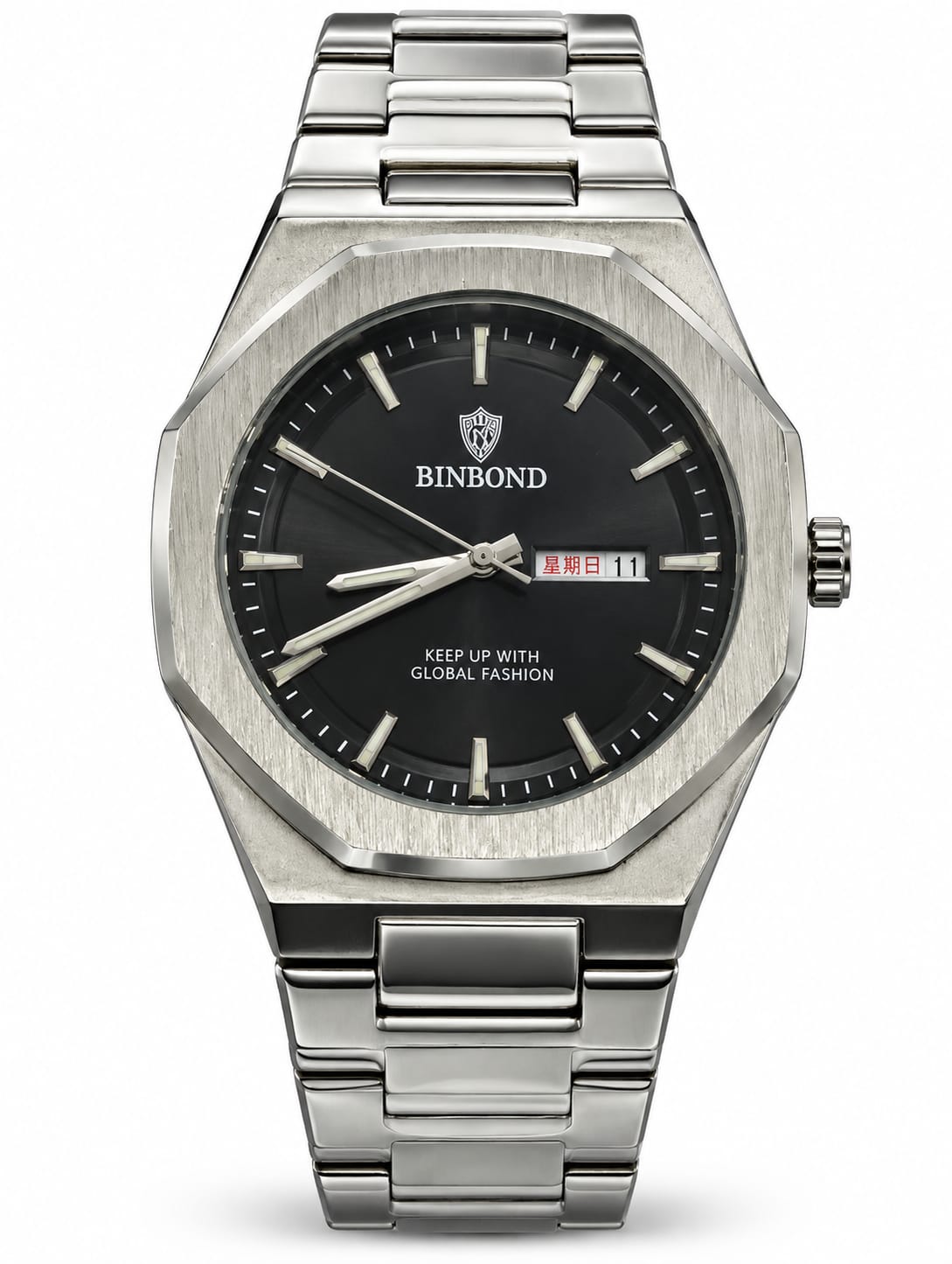 BINBOND Silver Black Dial Day-Date Luxury Watch