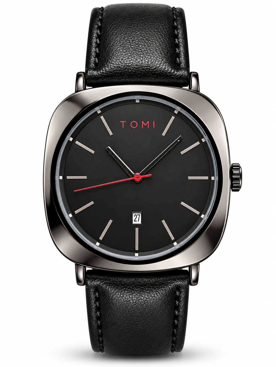 TOMI Black Leather Strap Classic Date Watch
