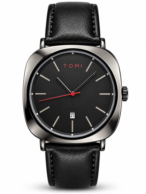 TOMI Black Leather Strap Classic Date Watch
