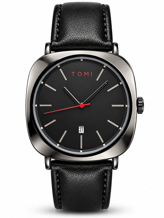 TOMI Black Leather Strap Classic Date Watch