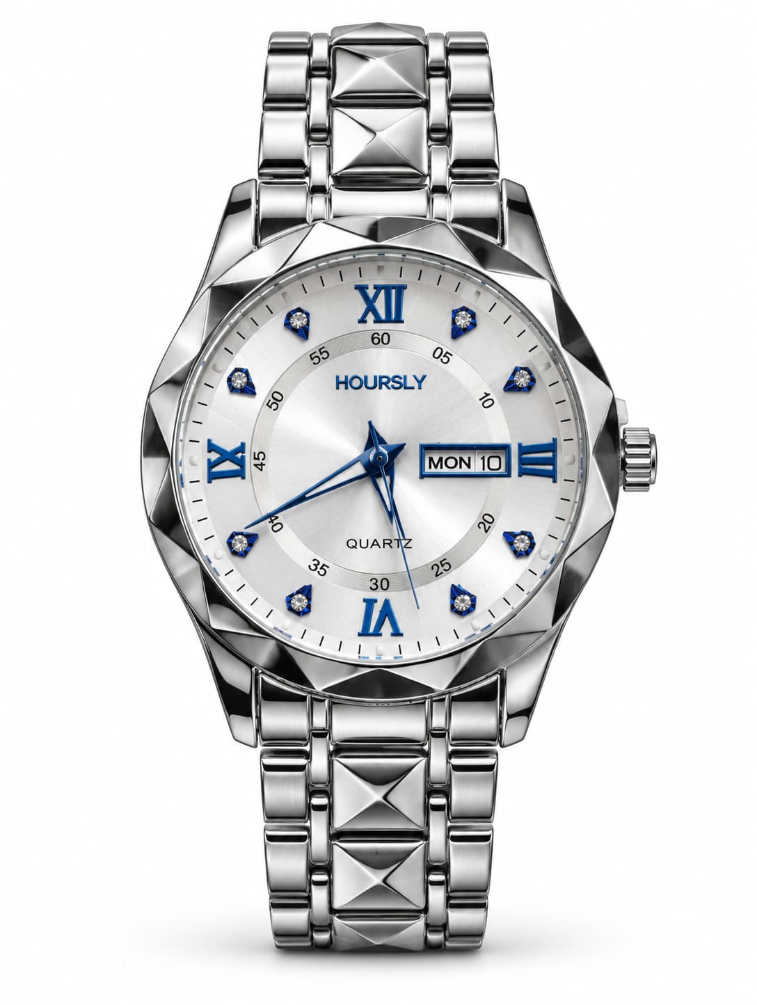 Product Title: Hoursly Silver & Blue Day-Date Quartz Watch