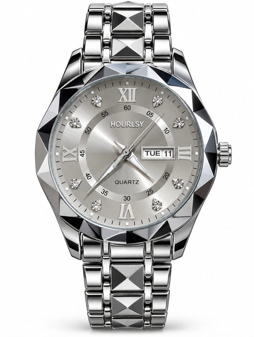 Hoursly Silver Diamond Dial Day-Date Quartz Watch