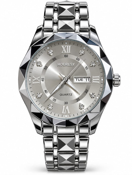 Hoursly Silver Diamond Dial Day-Date Quartz Watch