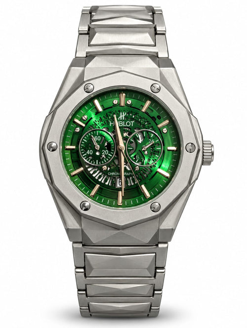 Hublot Silver Green Skeleton Chronograph Luxury Watch