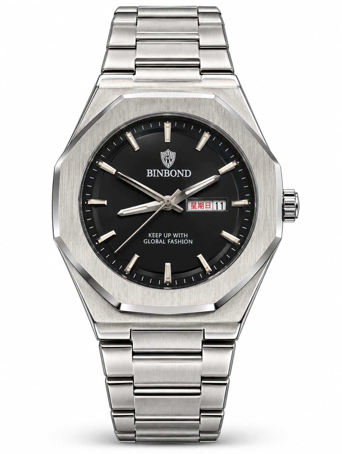BINBOND Silver Black Dial Day-Date Luxury Watch