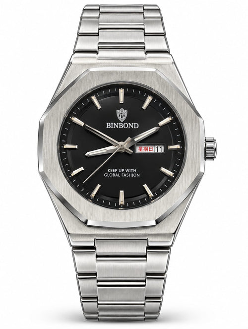 BINBOND Silver Black Dial Day-Date Luxury Watch