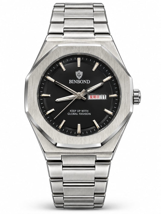 BINBOND Silver Black Dial Day-Date Luxury Watch
