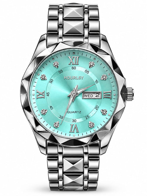 Hoursly Aqua Blue Dial Silver Day-Date Quartz Watch