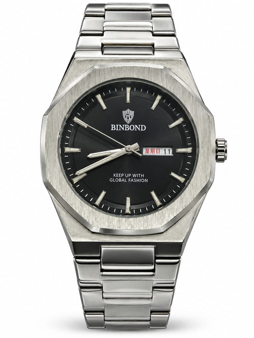 BINBOND Silver Black Dial Day-Date Luxury Watch