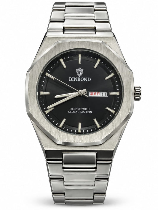 BINBOND Silver Black Dial Day-Date Luxury Watch