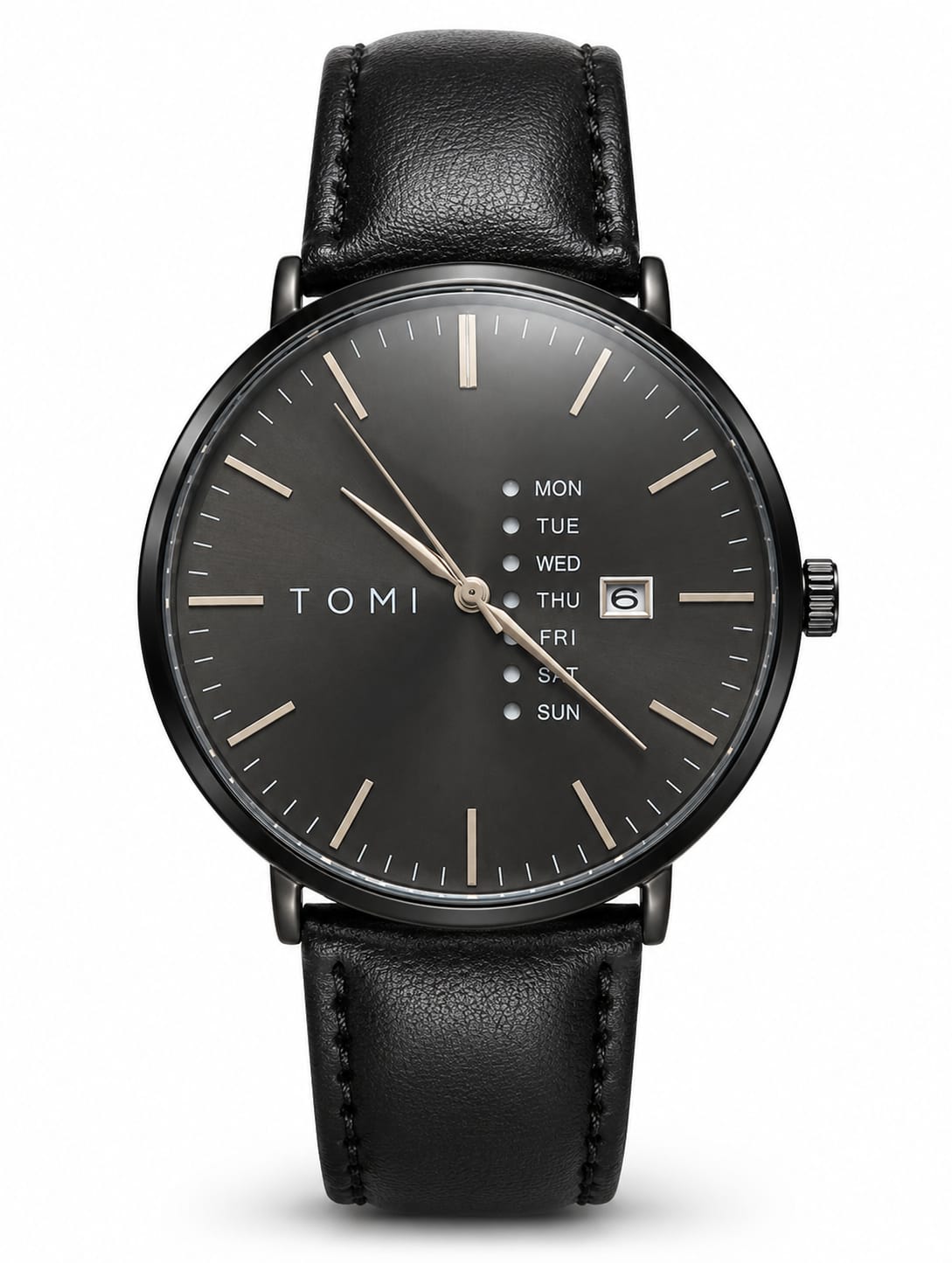 TOMI Black Leather Day-Date Classic Watch