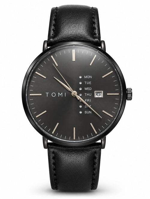 TOMI Black Leather Day-Date Classic Watch
